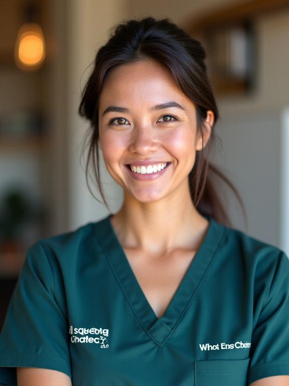 Улыбающаяся сотрудница Hearth & Haven Co. в фирменной униформе